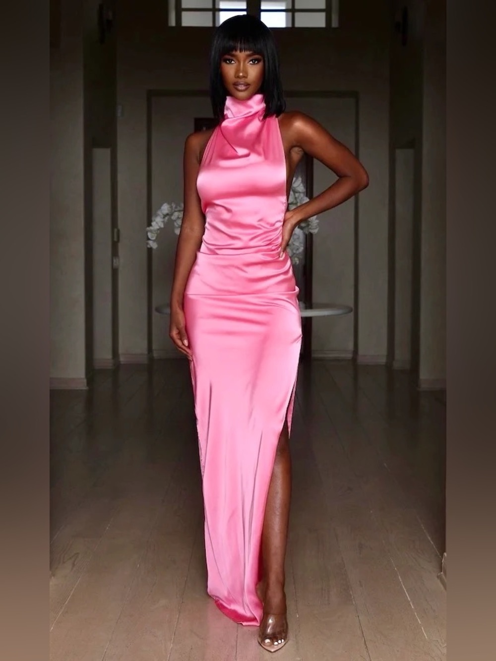 Mia Satin Halter Maxi Dress in Bubblegum Pink